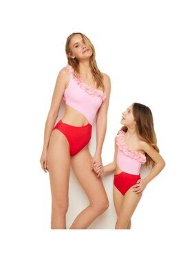 Cutout One Shoulder Contrast Parent-Child Swimwear